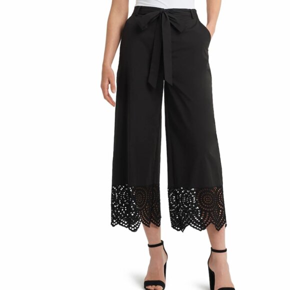 Halston Black Lace Hem Wide Leg Cropped Pants Sz M - Picture 1 of 12